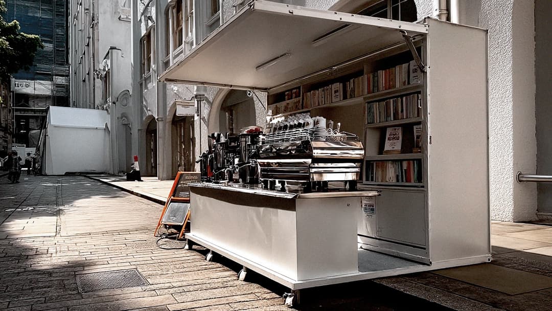 Compact outdoor coffee kiosk setup
