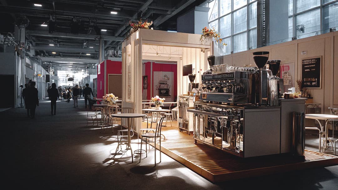 Exhibition coffee bar setup with branded elements