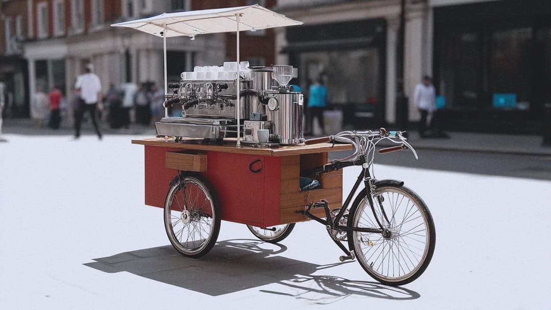 Red wooden coffee cart — coffee trike hire for festivals