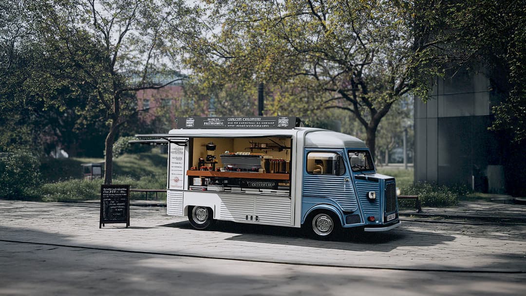 Retro blue and white coffee van at a city park event