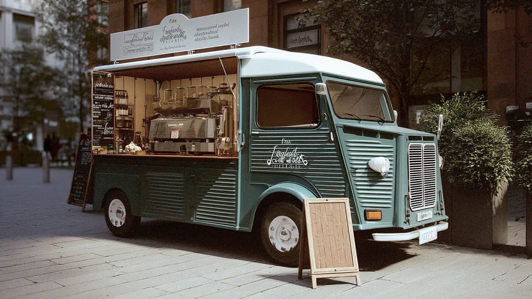 Vintage green coffee van providing outdoor sidewalk service