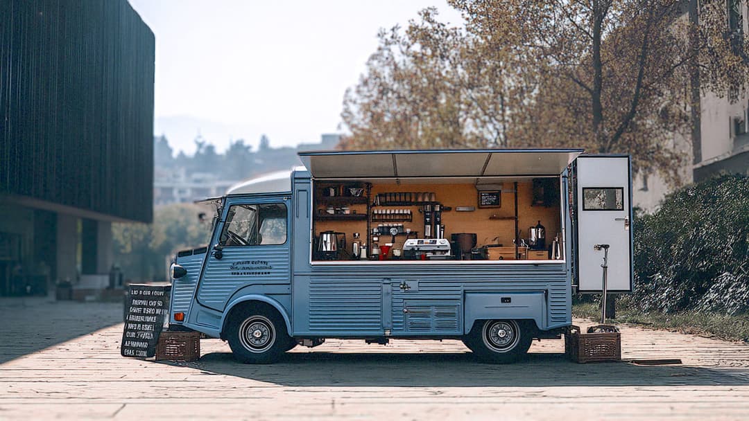 Light blue vintage coffee van at a street market