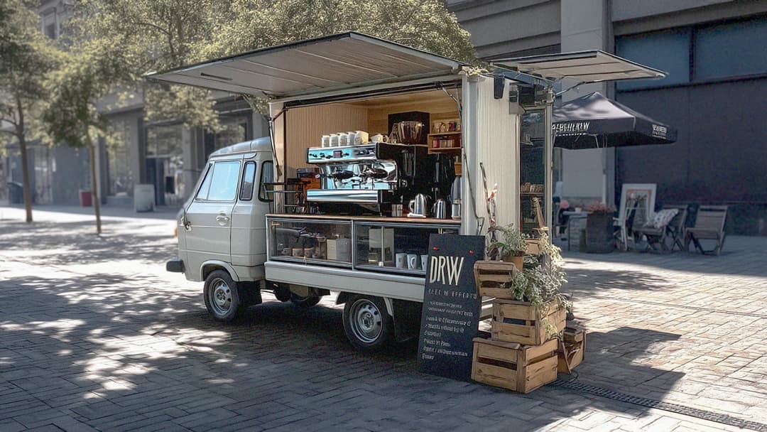 Compact mobile coffee van at a street pop-up event
