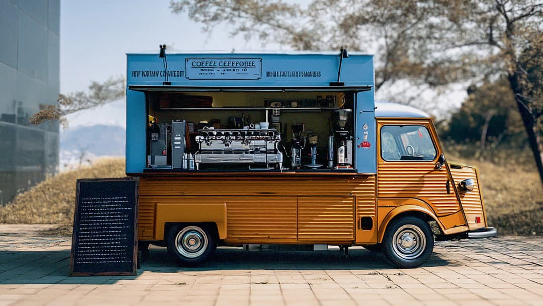 Yellow and blue mobile barista van at a festival